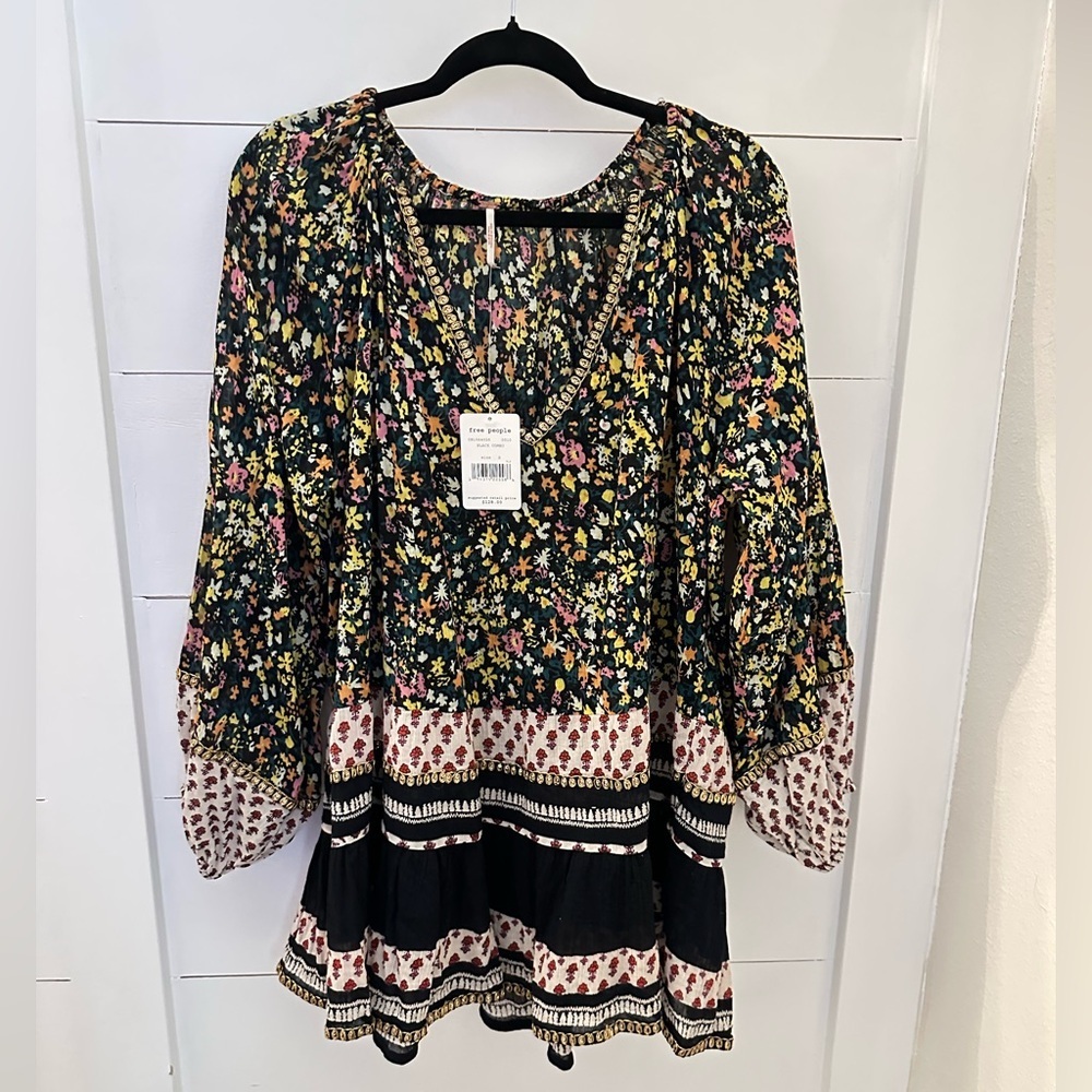 NWT FREE PEOPLE S Gardenia black combo Shabby Chic boho 100% cotton Mini dress - Picture 4 of 16